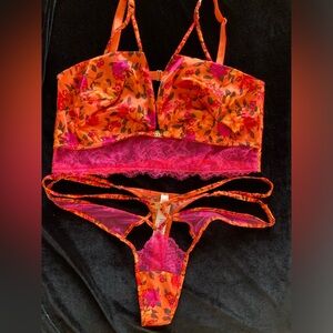 Orange & Hot Pink Floral Lace Bralette Set